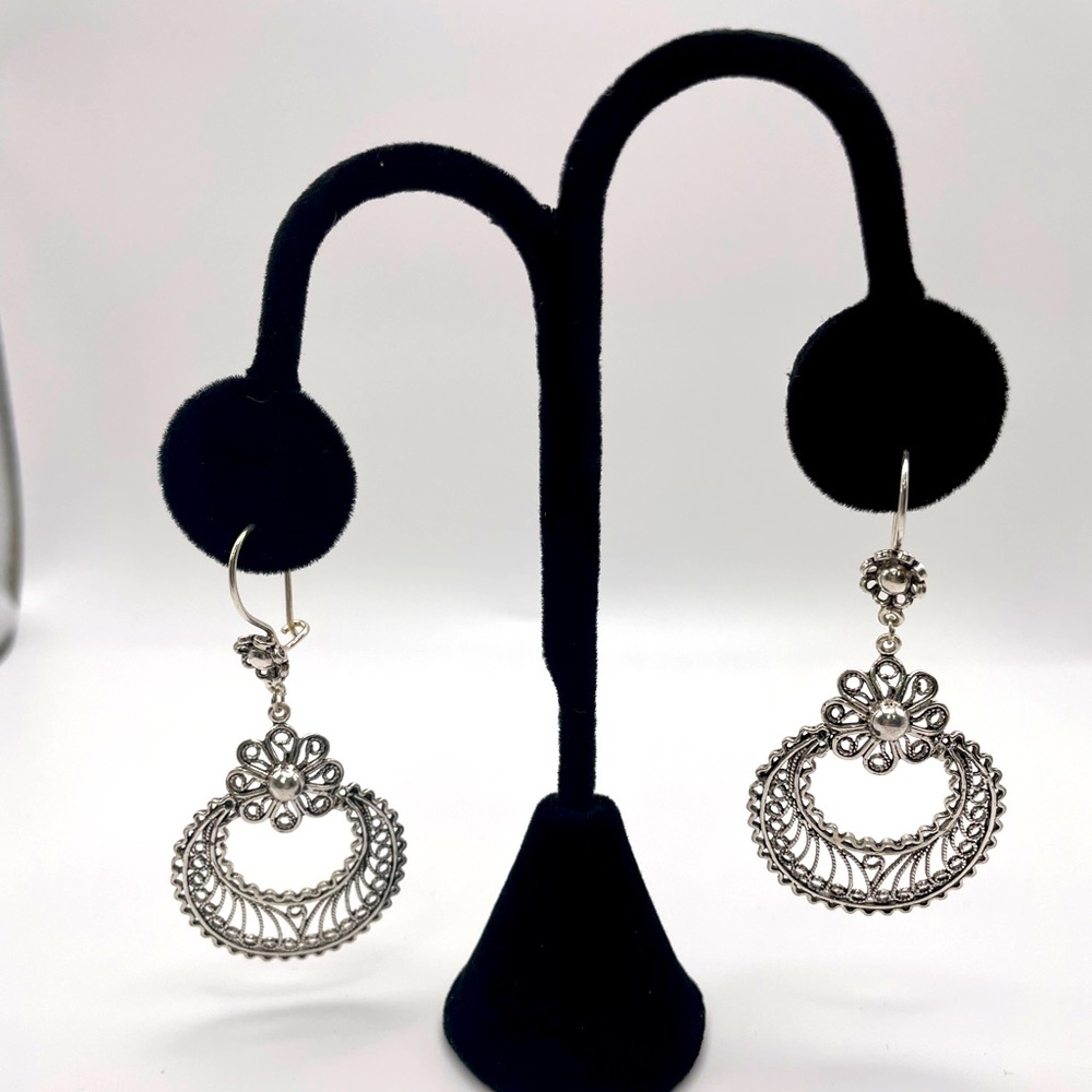 DGS Turkey Crescent Moon Filigree Flower Drop Hoop Circle Earrings